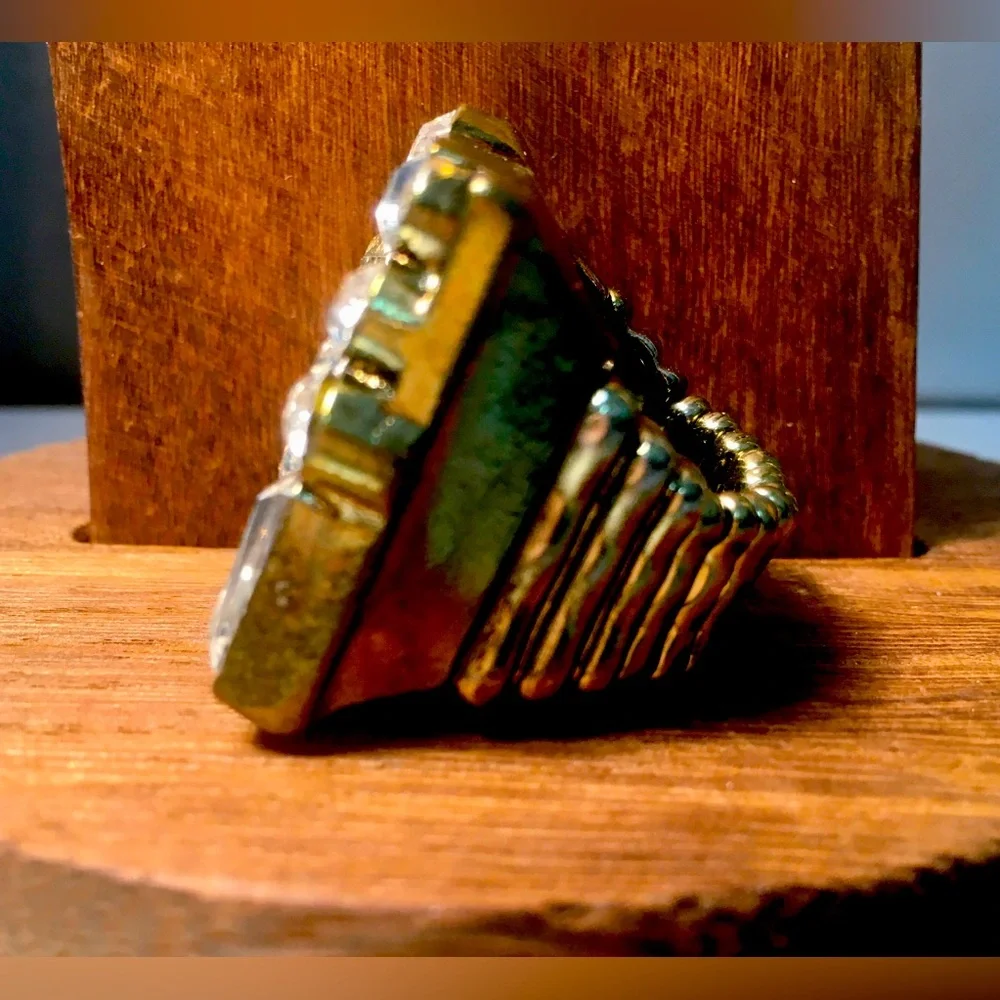 VINTAGE Metallic Silver Statement ring Rhinestone Vintage Brass tone adjustable - Picture 4 of 10